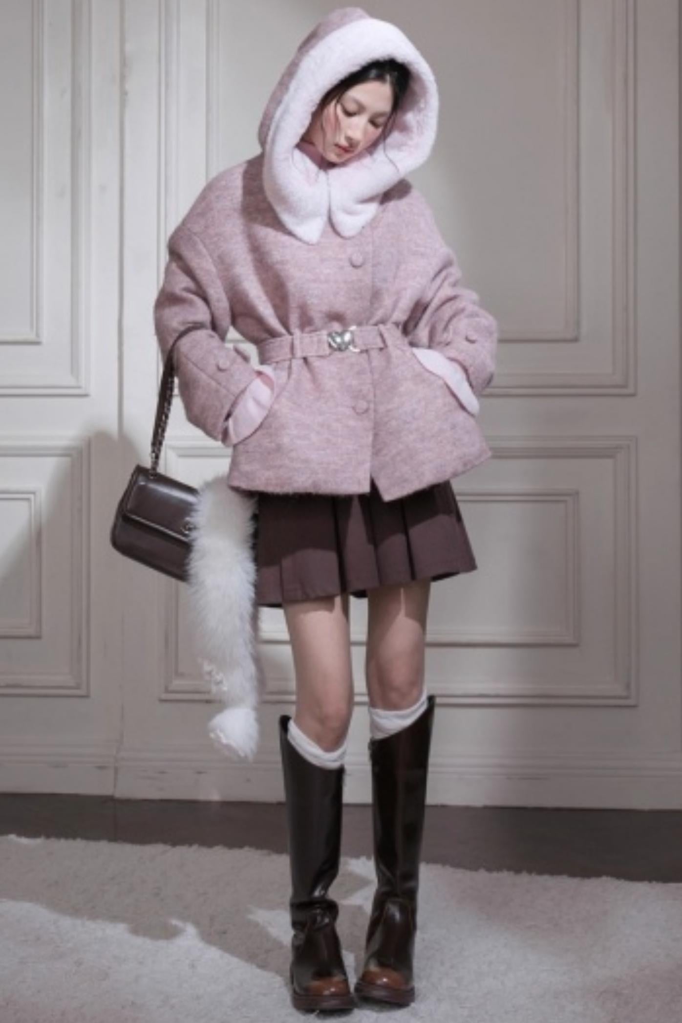 Cream Pink Hooded Wool Coat Set