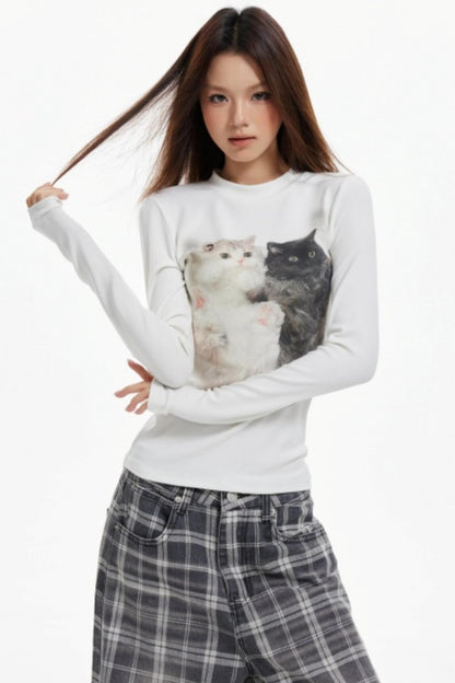 Cat Print Slim Knit Base Top