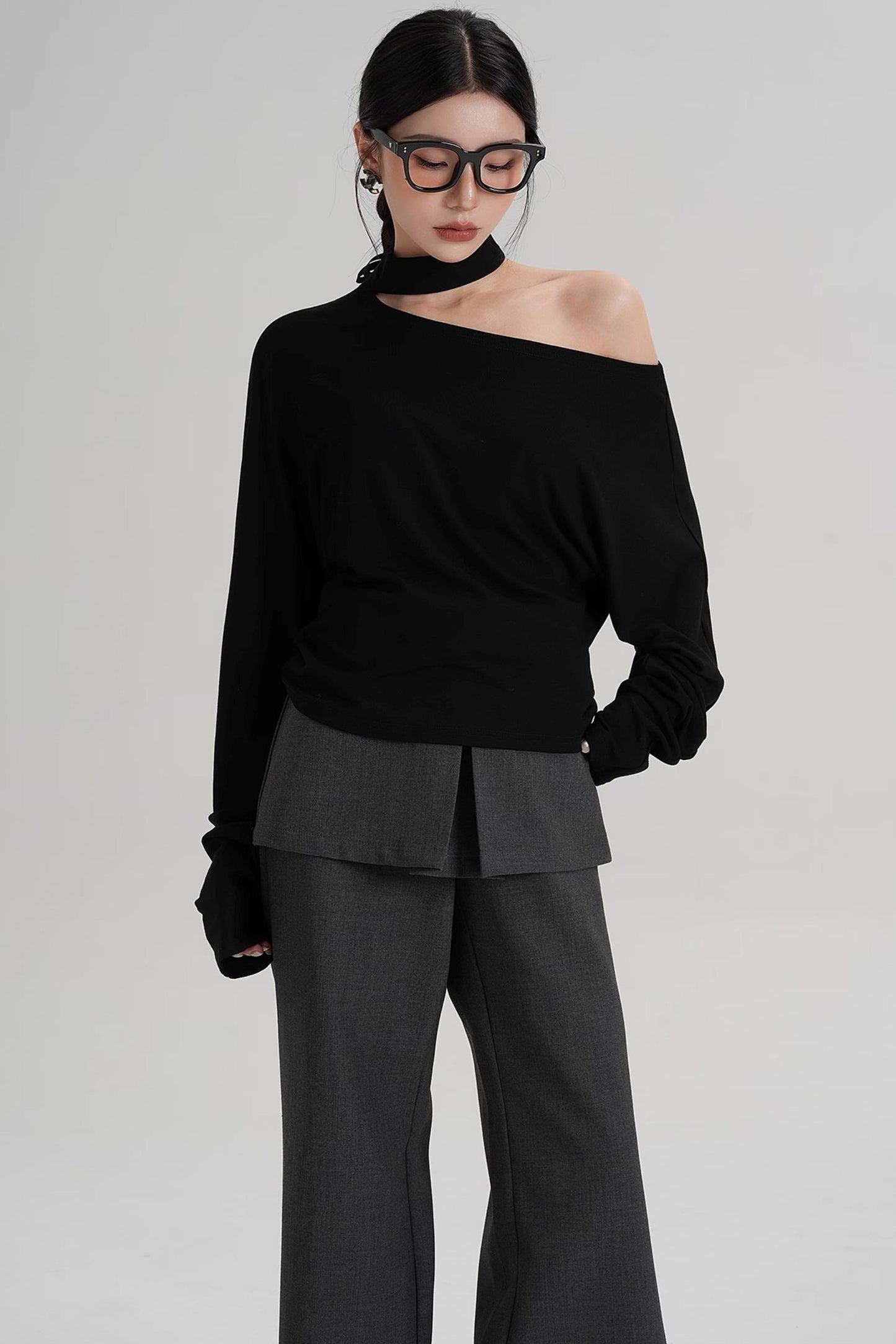 Halterneck Slanted Shoulder Long Sleeve Top