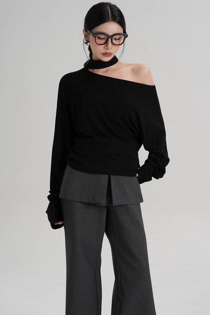 Halterneck Slanted Shoulder Long Sleeve Top