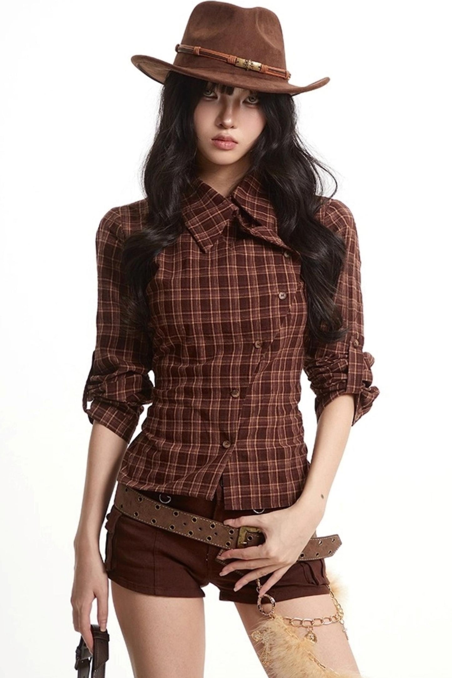 Loose Fit Waist-Tightening Plaid Shirt