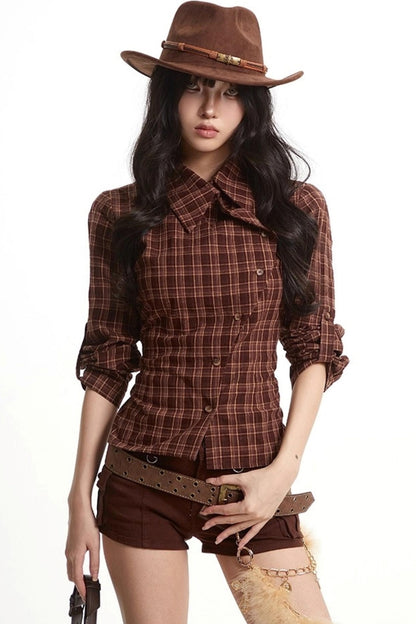 Loose Fit Waist-Tightening Plaid Shirt