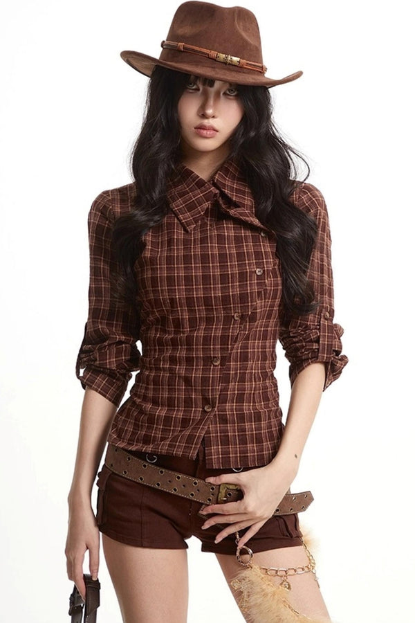 Loose Fit Waist-Tightening Plaid Shirt