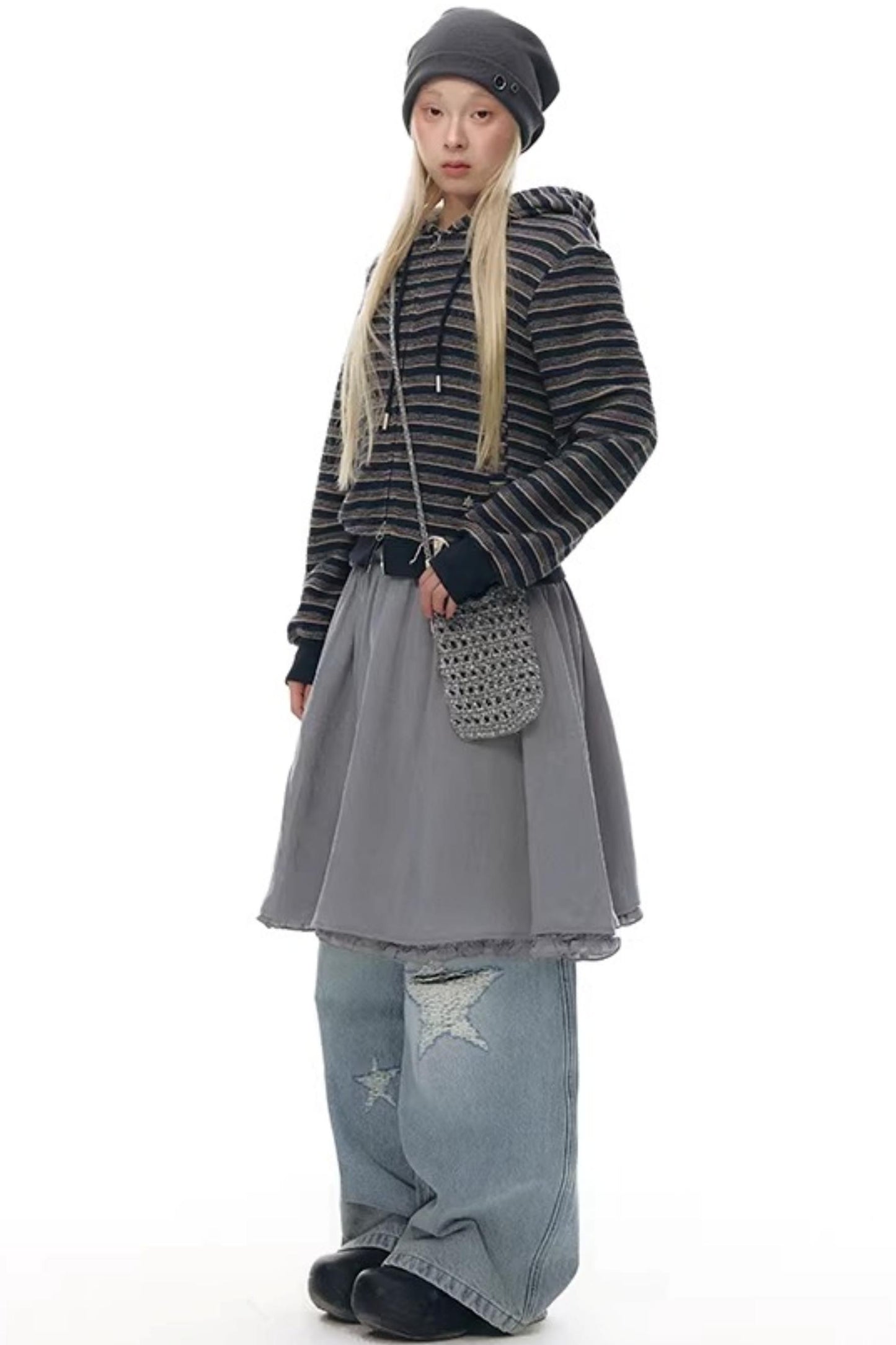 Striped Textured Hooded Sweatshirt