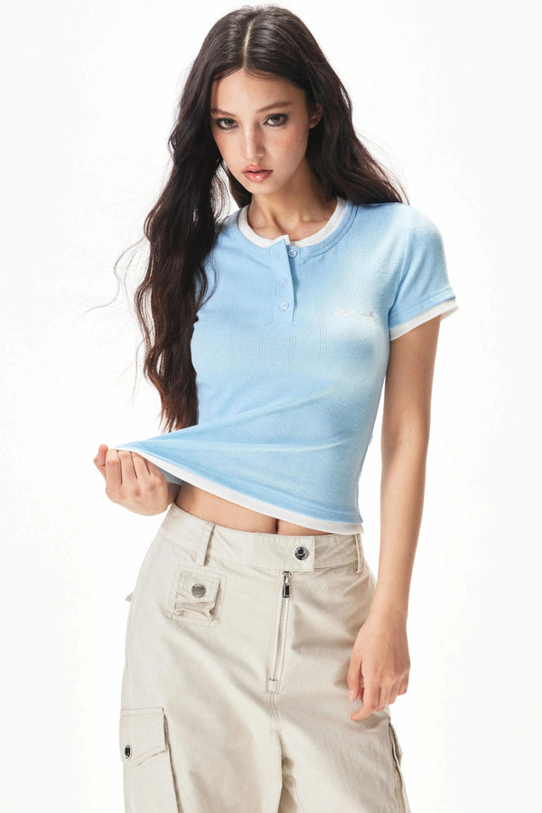 Color-Blocking Knit Short-Sleeve T-Shirt