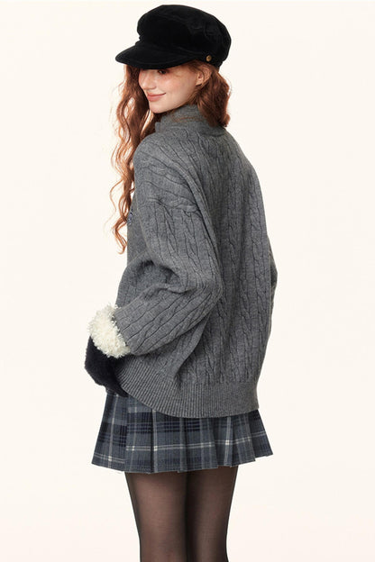 French Cable Knit Polo Sweater Top