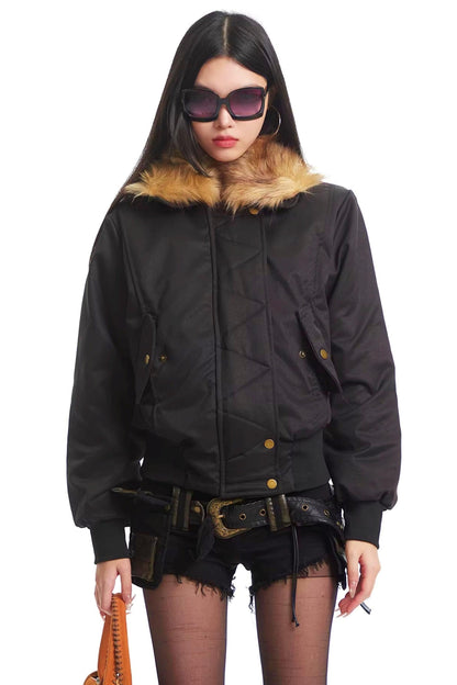 Korean Black Fur Collar Jacket