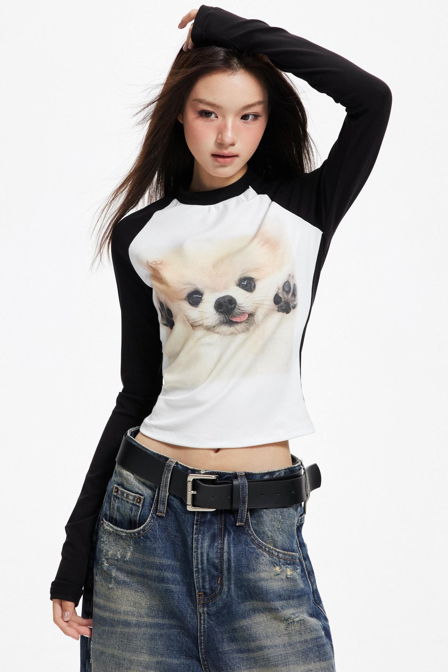 Puppy Print Raglan Slimming Knit Top