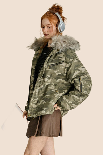 EZEK AMERICAN RETRO CAMOUFLAGE BIG FUR COLLAR HOODED COTTON JACKET COTTON CLOTHES WOMEN'S WINTER NEW LOOSE COTTON JACKET JACKET TIDE