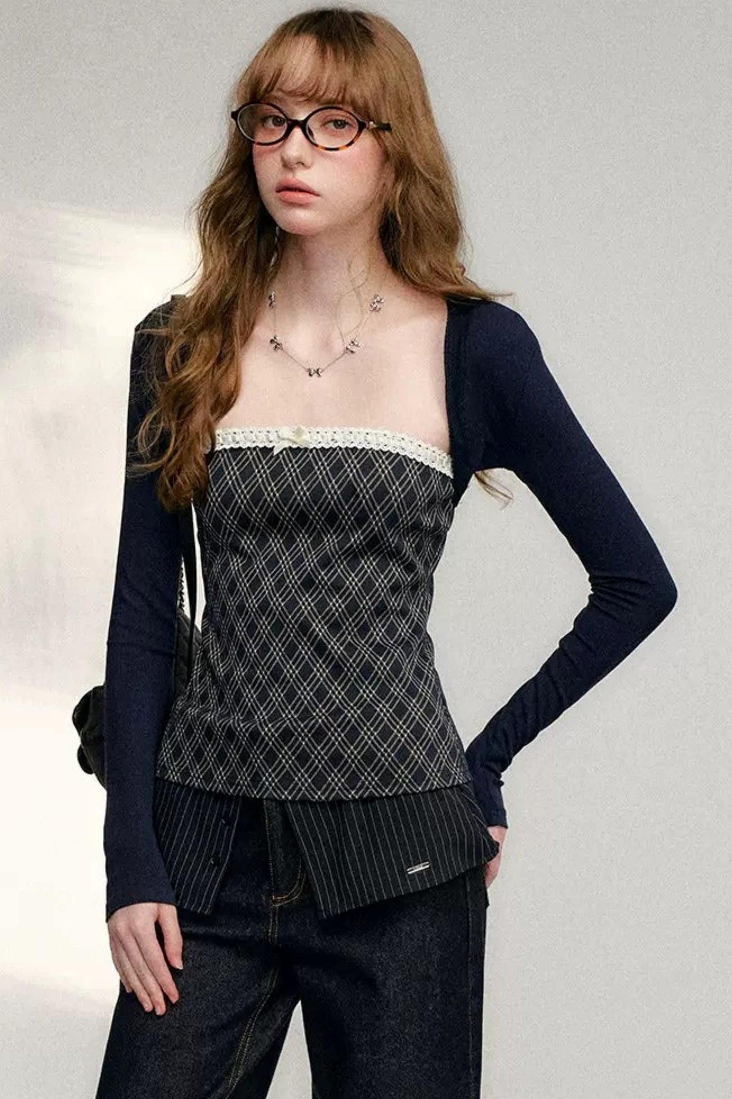 Lace Plaid Patchwork T-Shirt