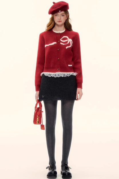 Bow Jacquard Cardigan Sweater