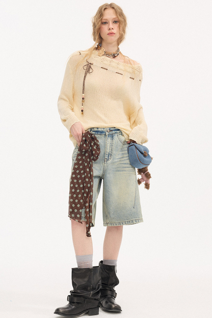 비대칭 오프숄더 니트 스웨터