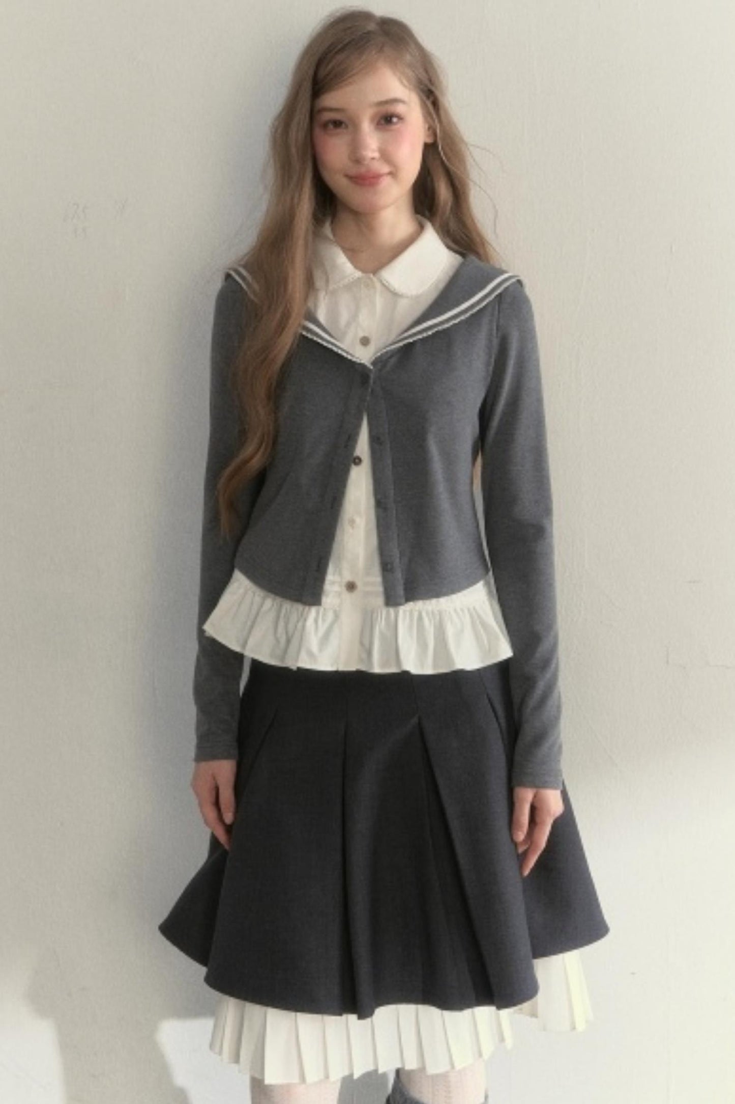 College Navy Collar Top & Skirt Set-Up