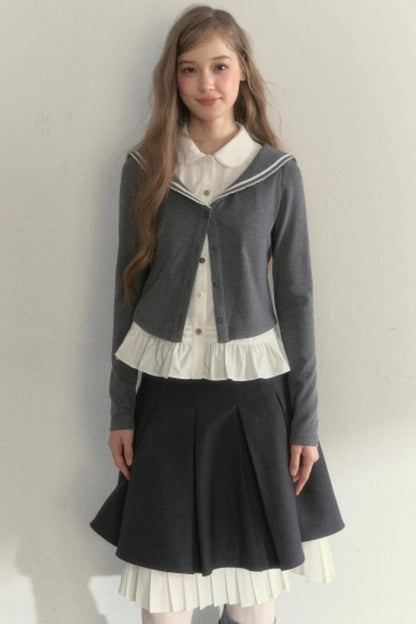College Navy Collar Top & Skirt Set-Up