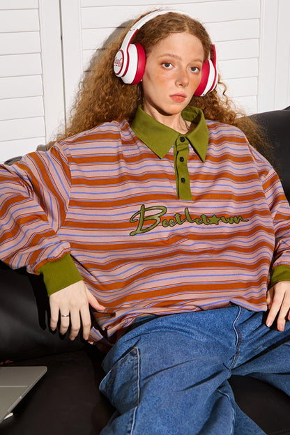 Loose Fit Striped Polo Neck Top