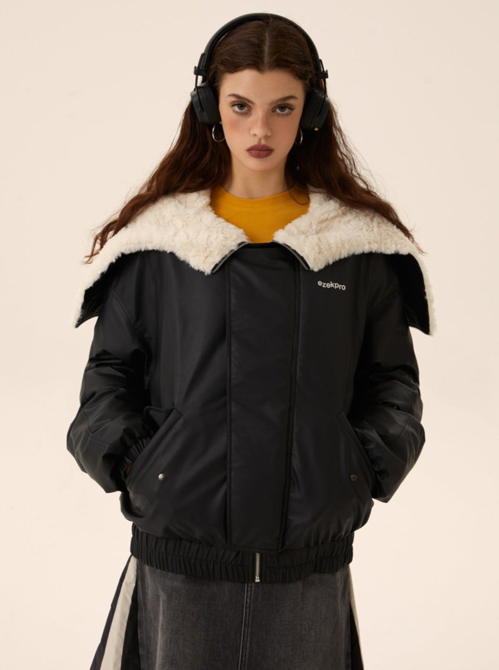 Imitation rabbit fur hooded no-wash pu skin down jacket