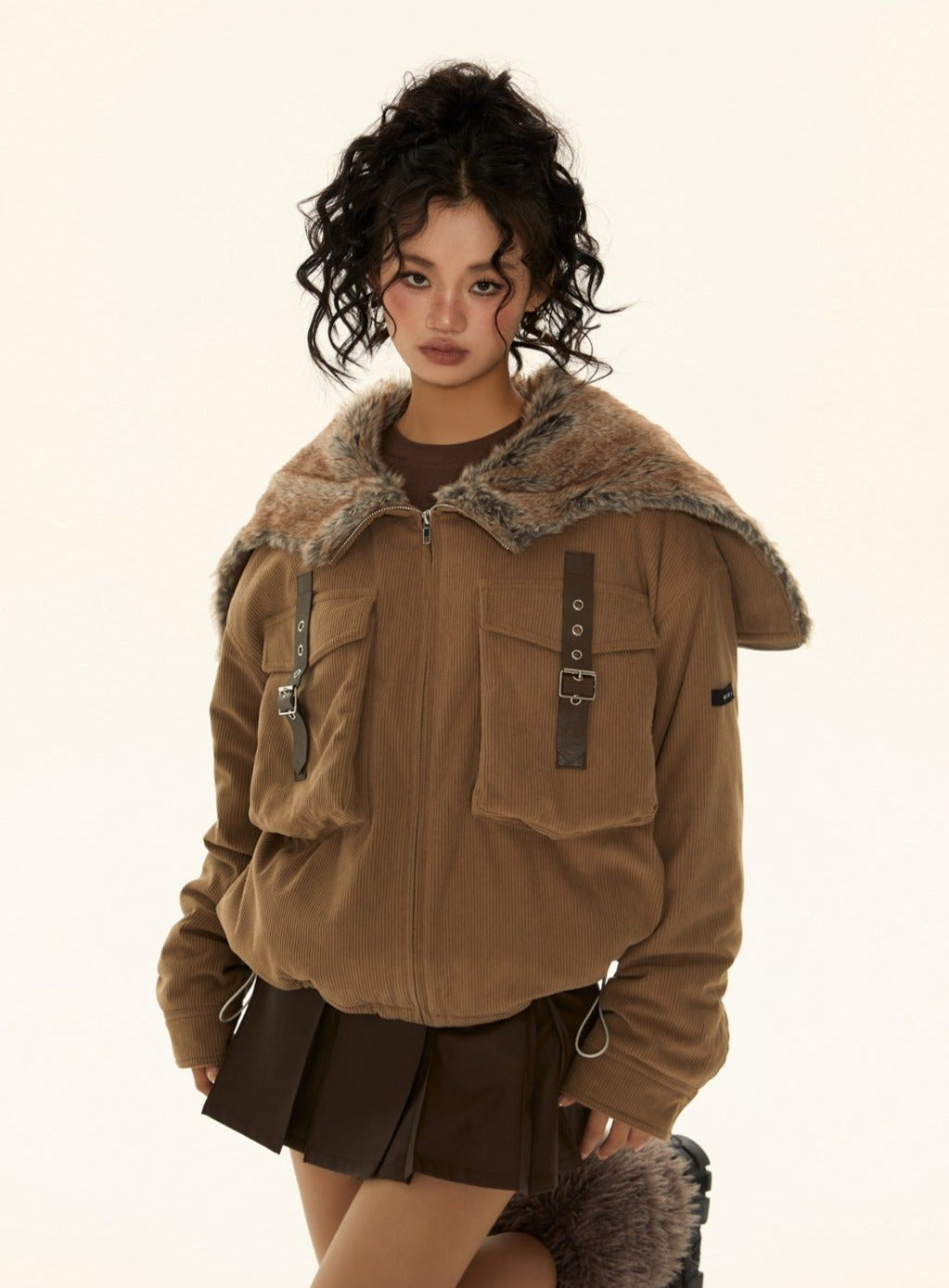 American retro stitched fur collar and cotton jacket