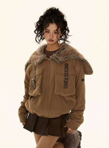 American retro stitched fur collar and cotton jacket