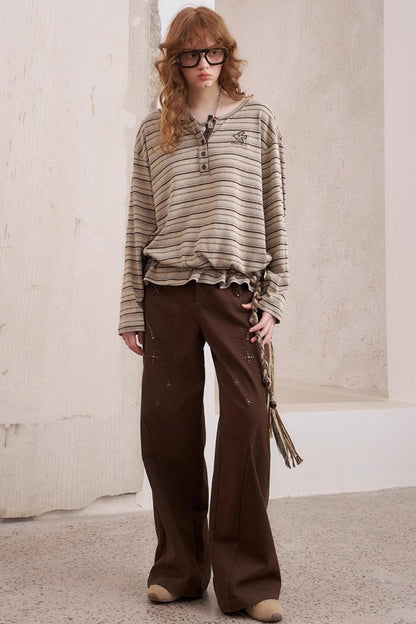 Striped Loose Crew Neck Embroidered T-Shirt