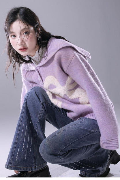 Grape Purple Bow Jacquard Sweater Set-UP