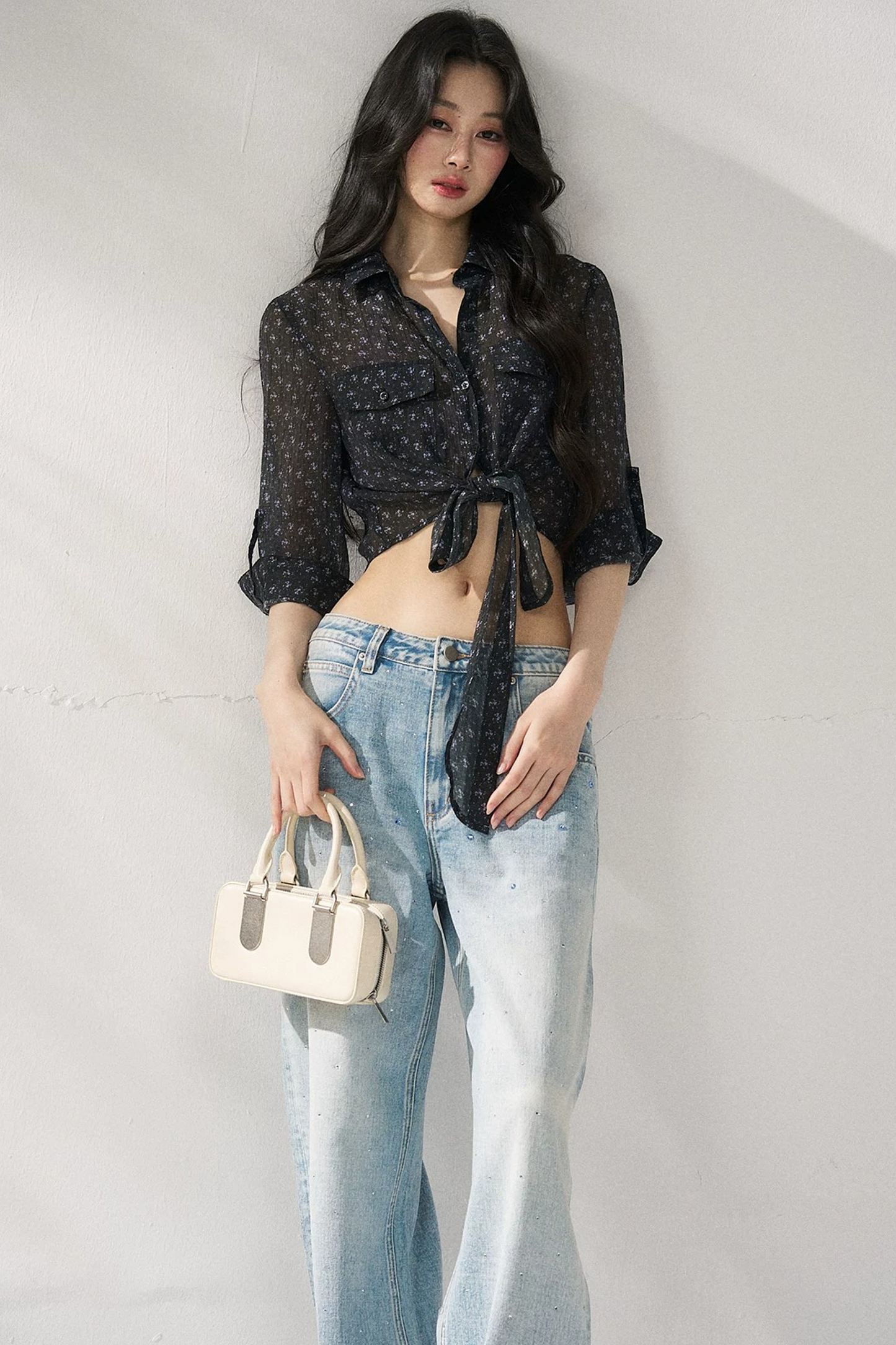 Bow Floral Slim Blouse