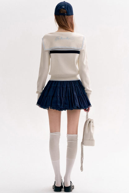 Navy Tie Shawl Contrast Sweater