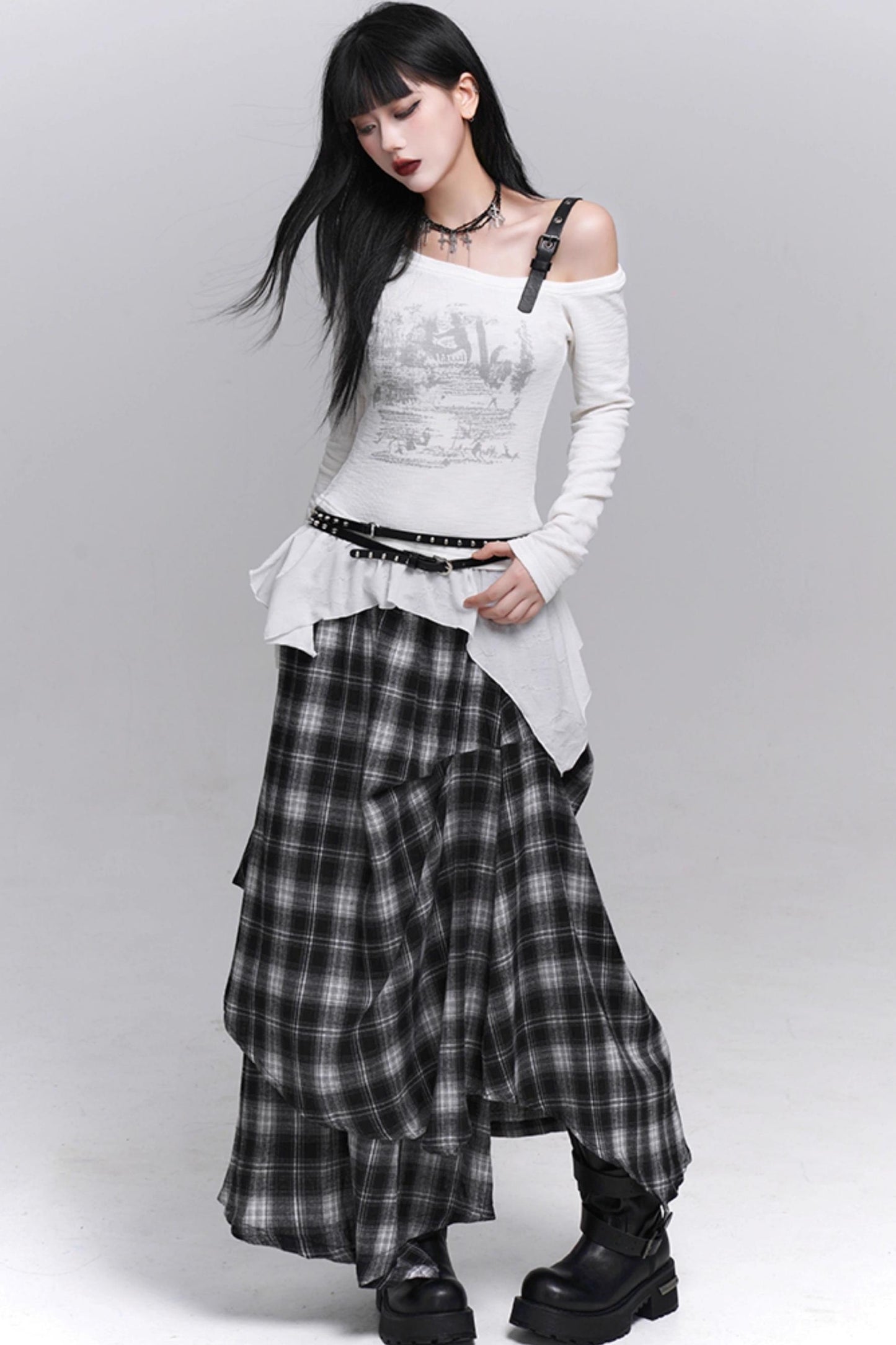 Gray Black Plaid Pleated Skirt