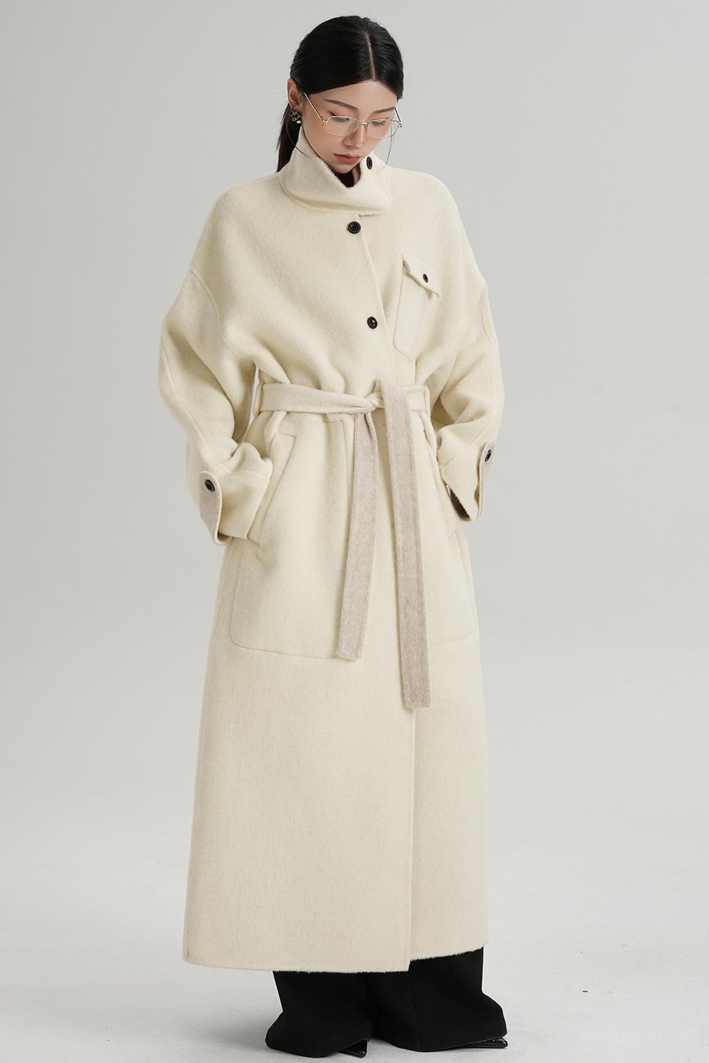 Temperament Design Color-Blocking Woolen Coat