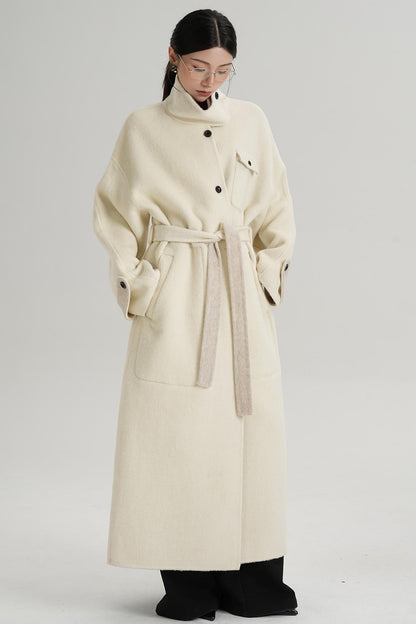 Temperament Design Color-Blocking Woolen Coat