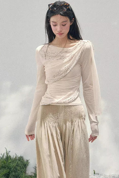 Sheer Rhinestone Slim-Fit Top Set