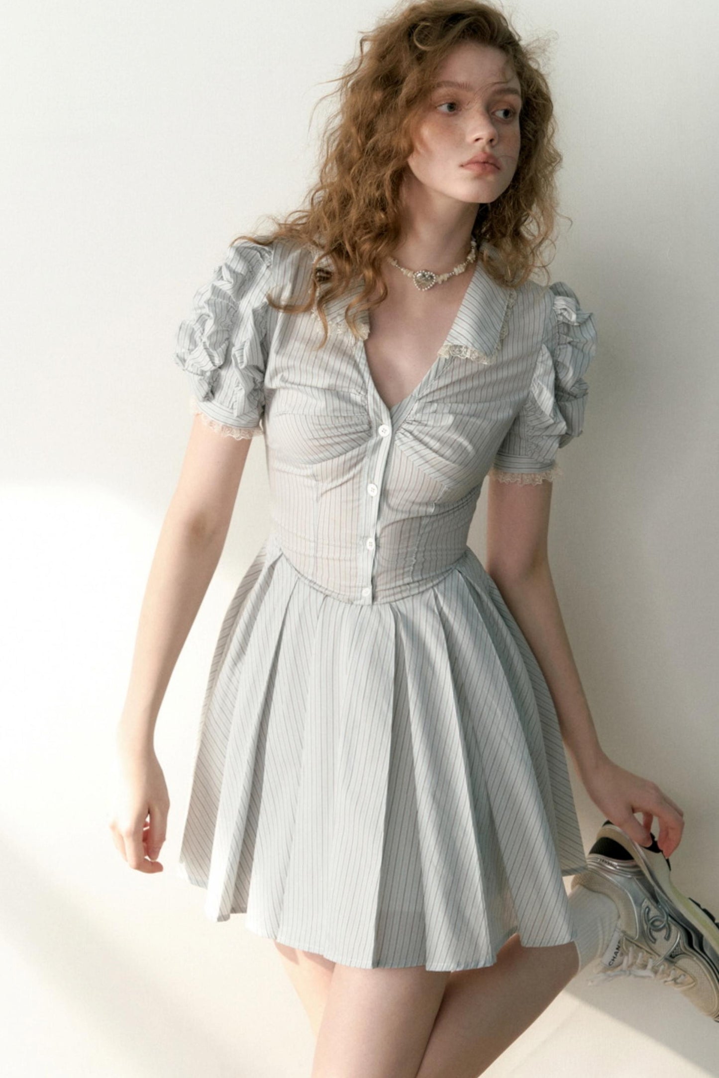 Blue Striped Bubble Sleeve Floral Pleated Dress