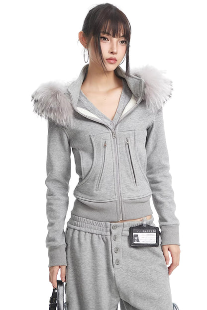 Korean Fur Collar Hooded Jacket Set-Up