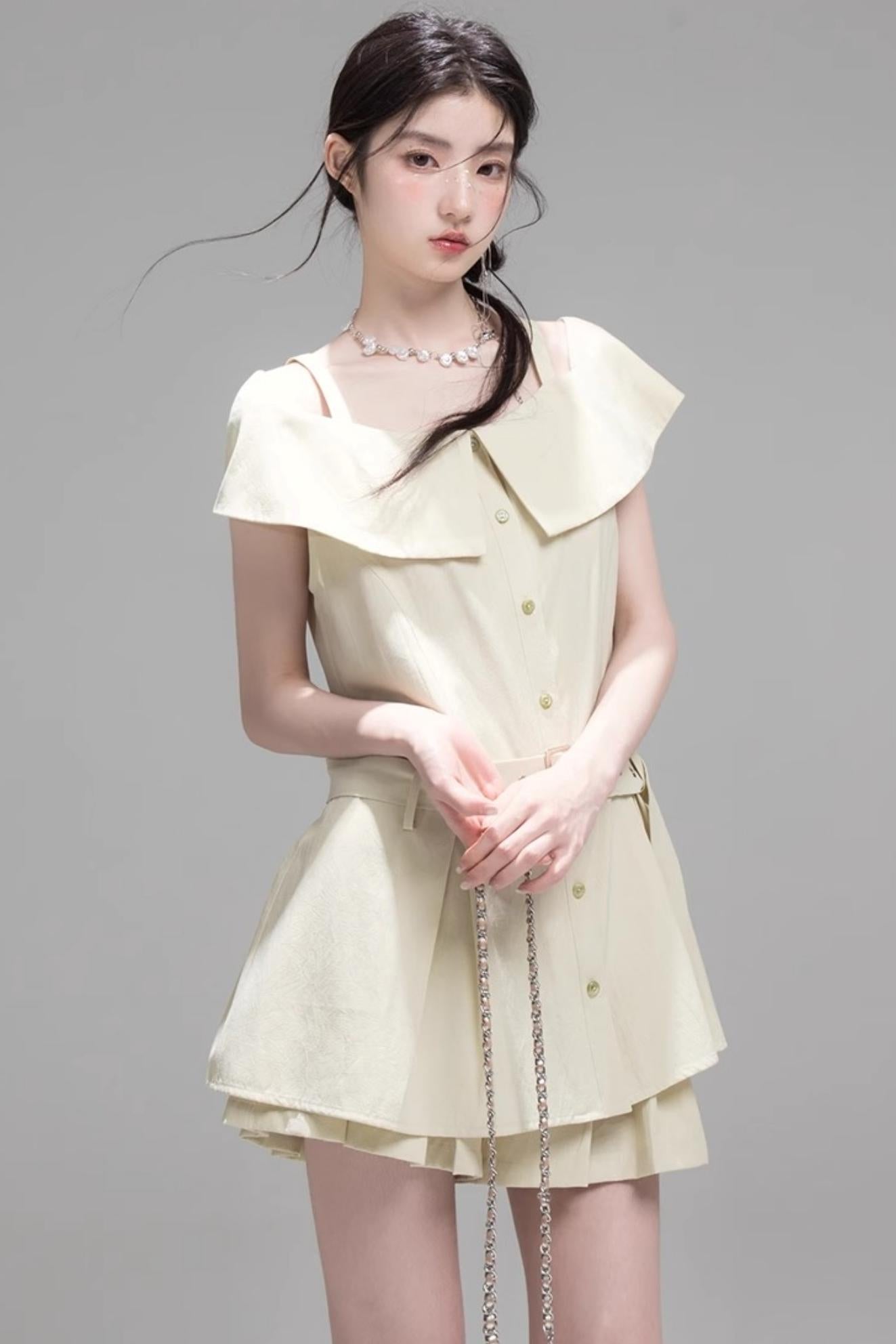 Layered Lime Green Belted Shirt & Pleated Shorts Set