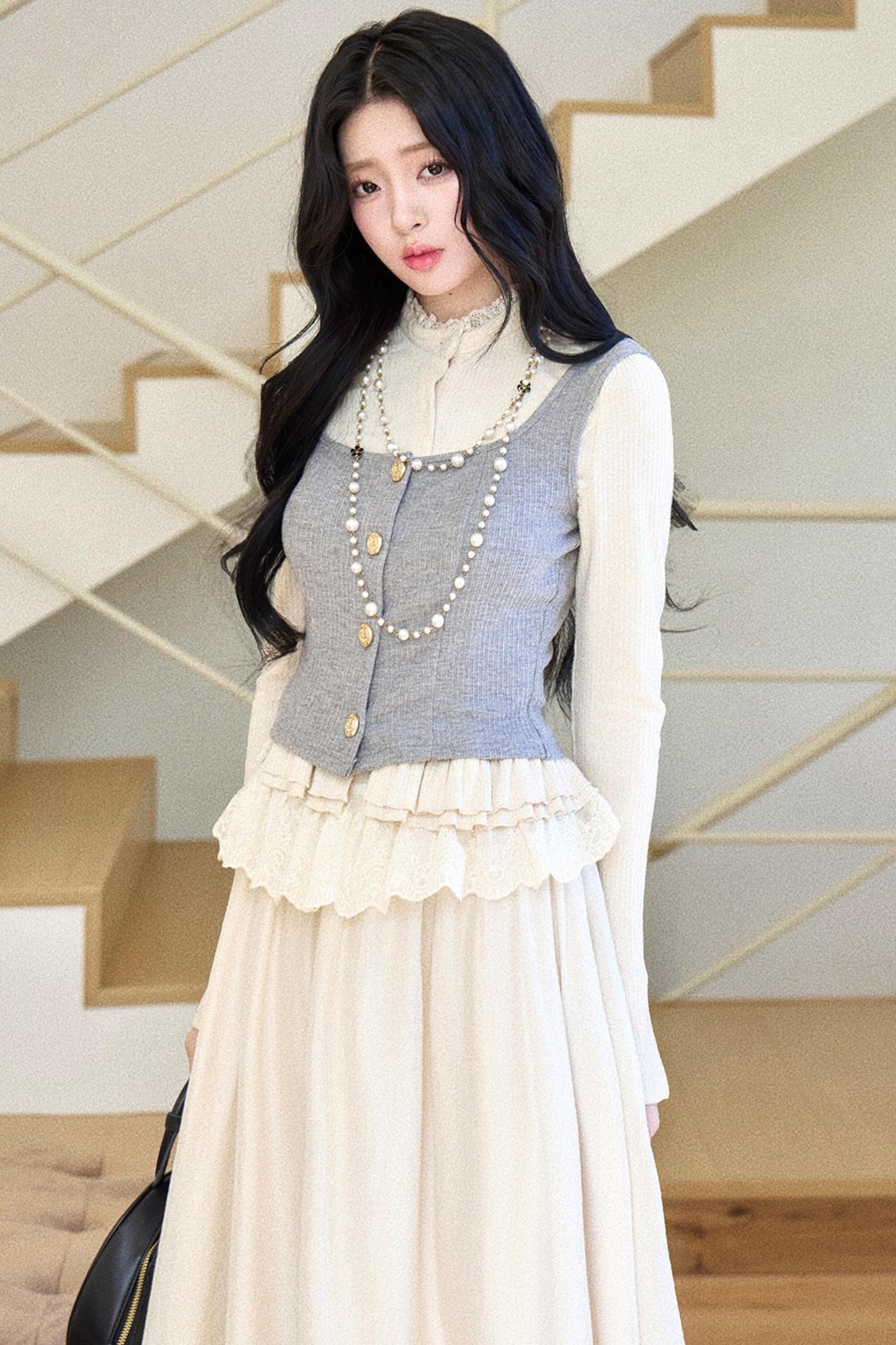 Lace Collar Gray Suit Set-Up