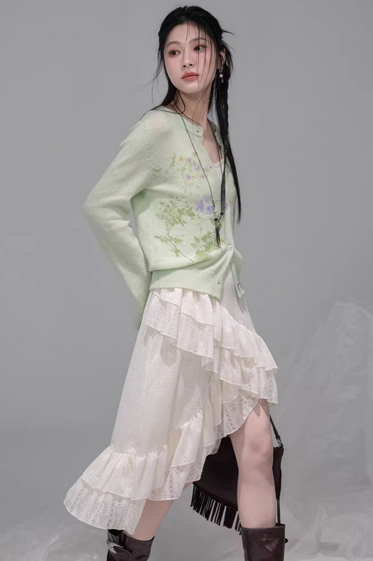 Spring Green Woolen Cardigan Matching Set