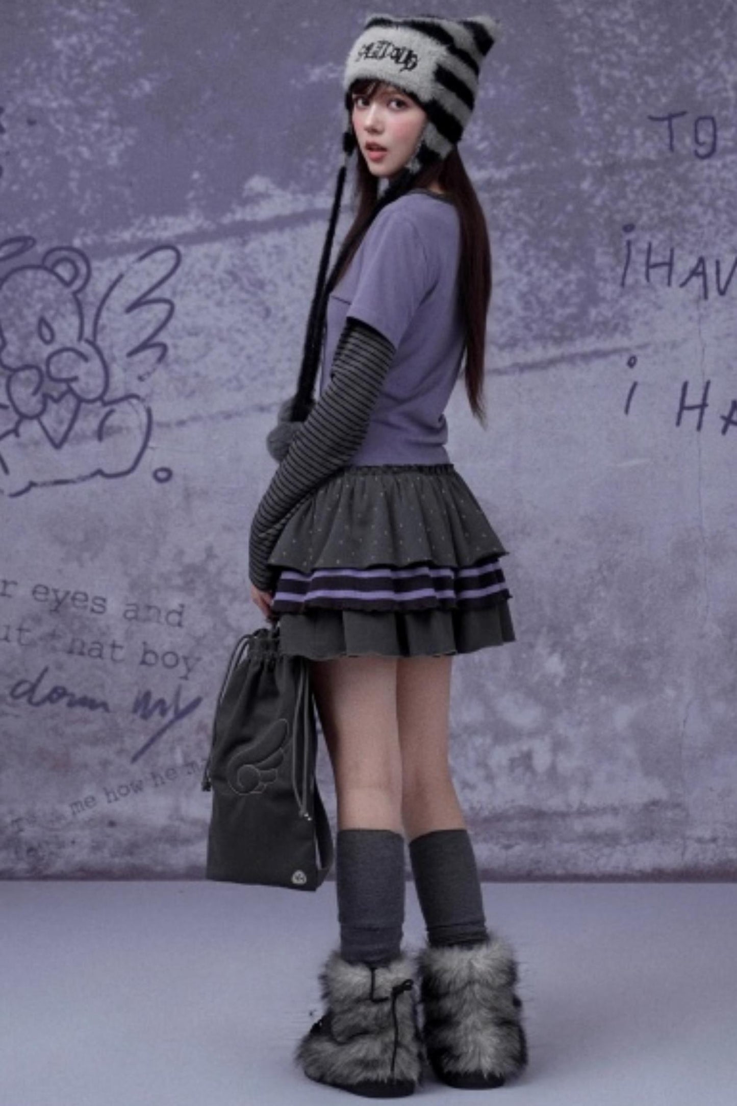 Striped Faux Mink Cat Ear Hat