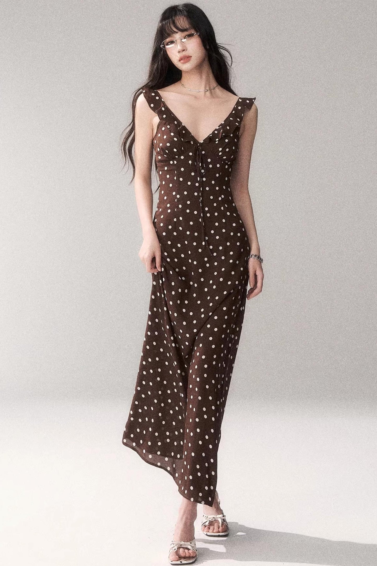 Brown Polka Dot Strap Dress
