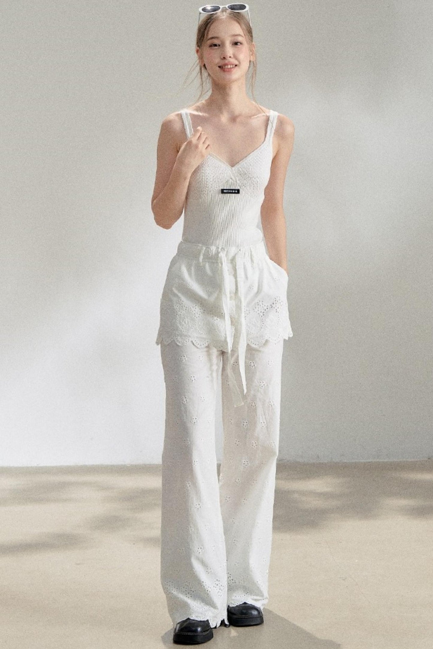 Textured White V-Neck Knitted Suspender Top