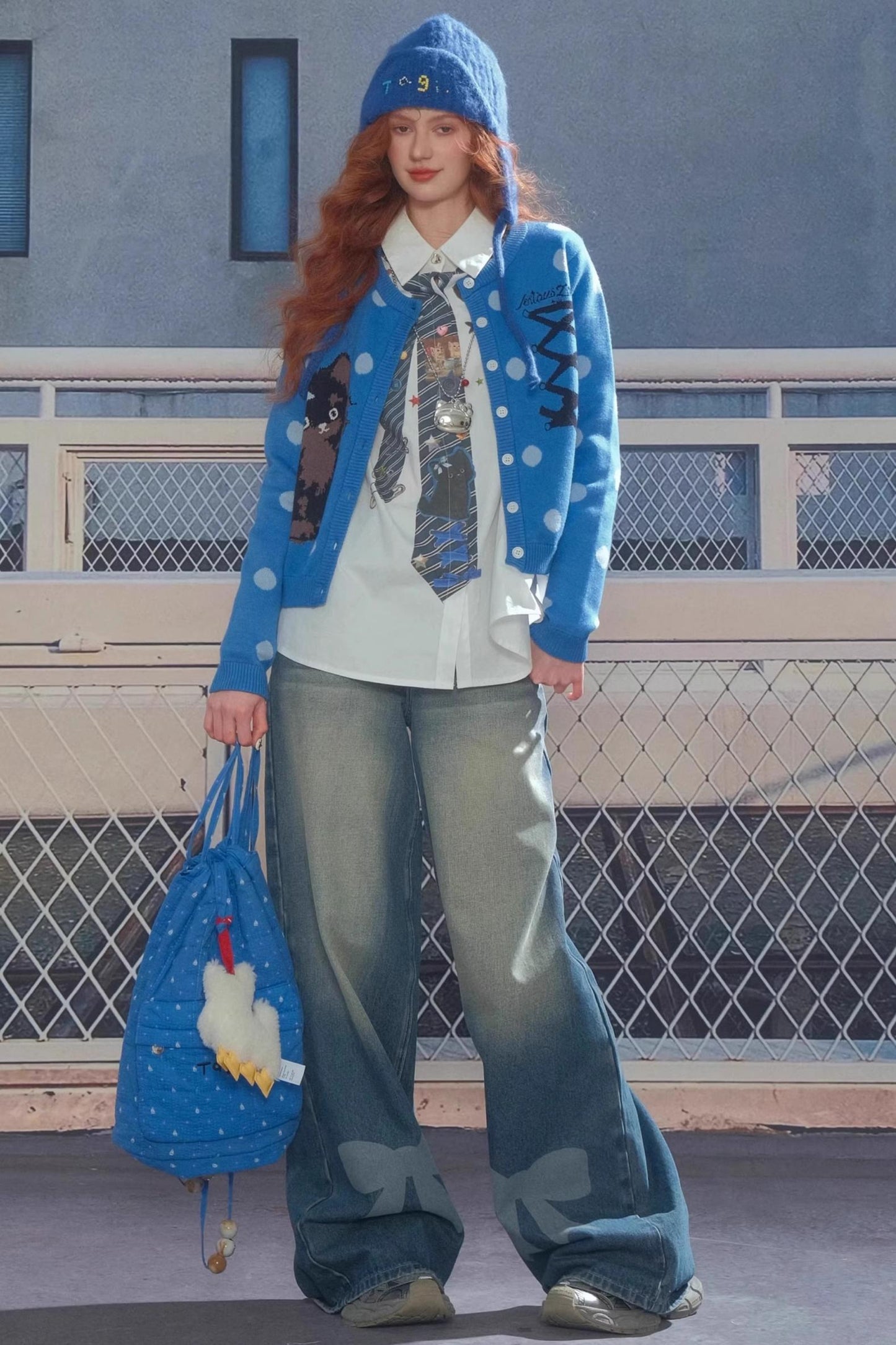 Blue Cat Polka Dot Knitted Cardigan