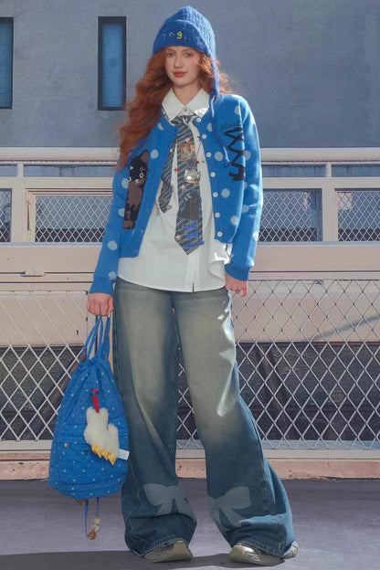 Blue Cat Polka Dot Knitted Cardigan