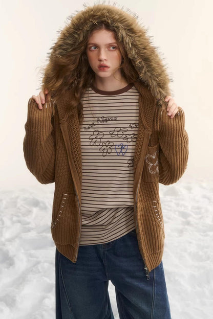 Detachable Fur Hooded Cardigan