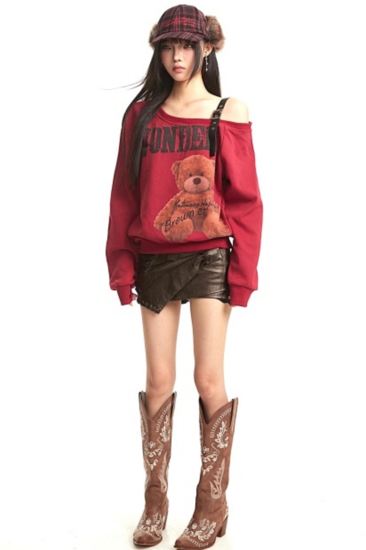 Retro Off-Shoulder Bear Sweatshirt