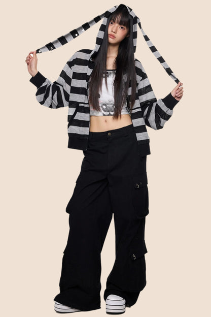 Rabbit Ears Stripe Hooded Long Sleeve Cardigan