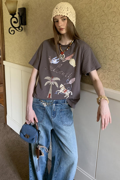 Lazy Wave Playful Print Short Sleeve T-shirt