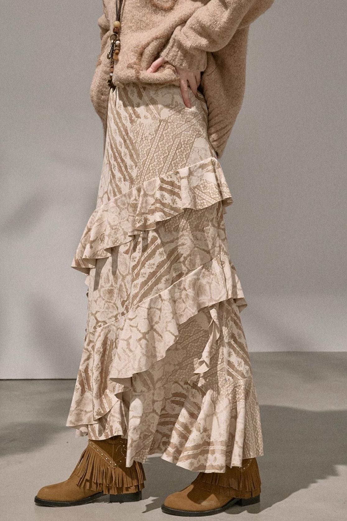 Original Slanted Ruffle Leaf Wave Midi Cake Skirt