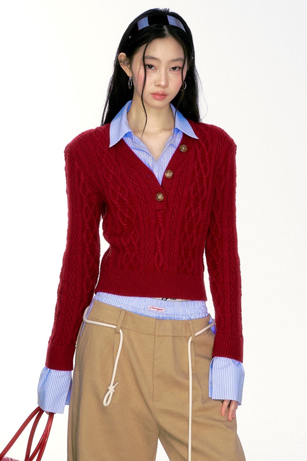 Retro V-Neck Spliced Twist Sweater