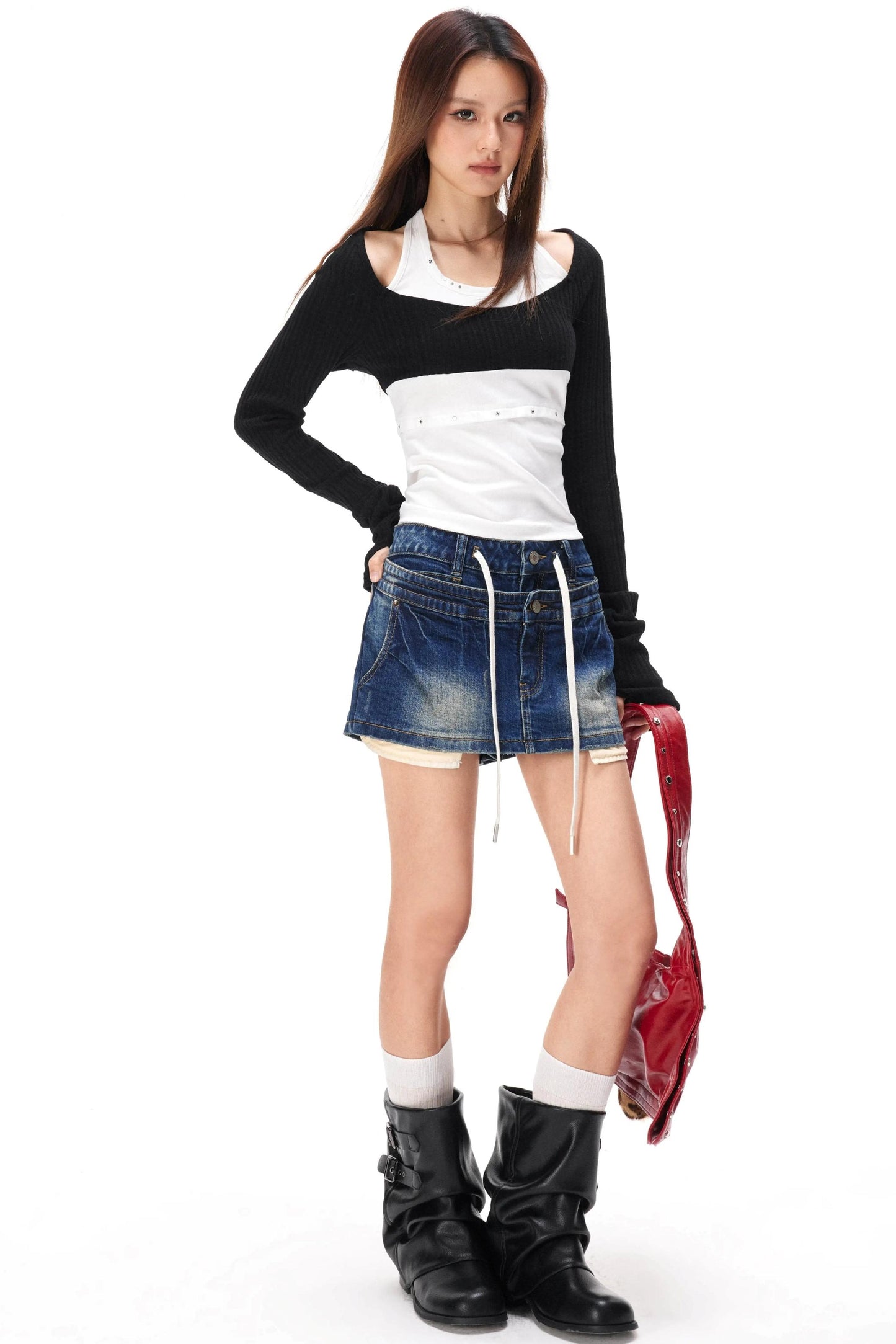 Rhinestone Patchwork Knit Top