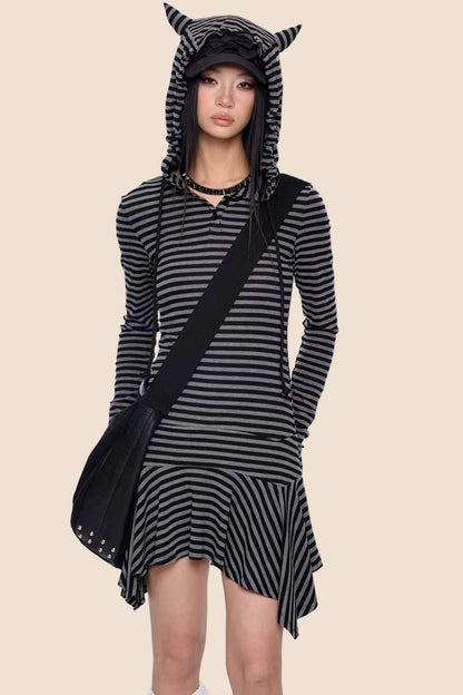 Retro Y2K Gestreiftes Kapuzenkleid