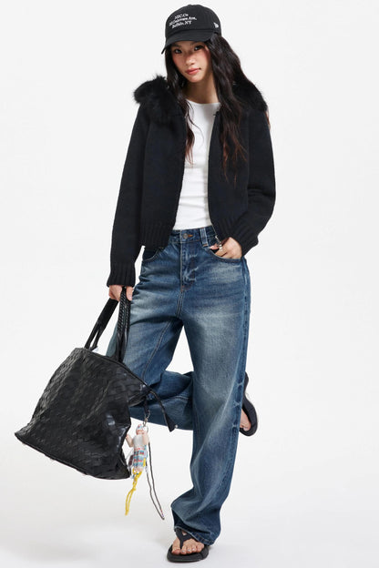 Knitted Sweater Jacket with Fur Collar