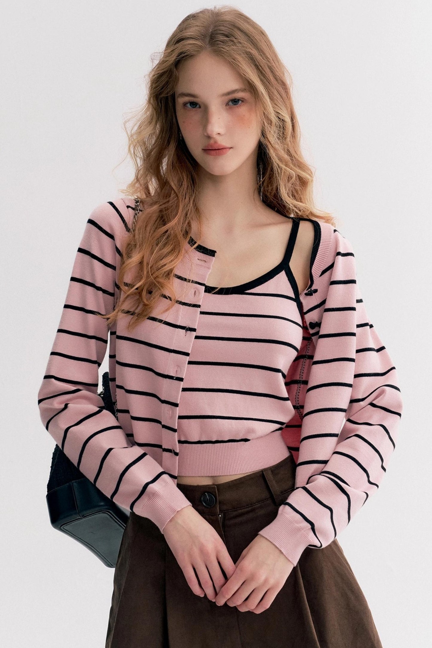 Striped Knit Suspender Cardigan & Top Set
